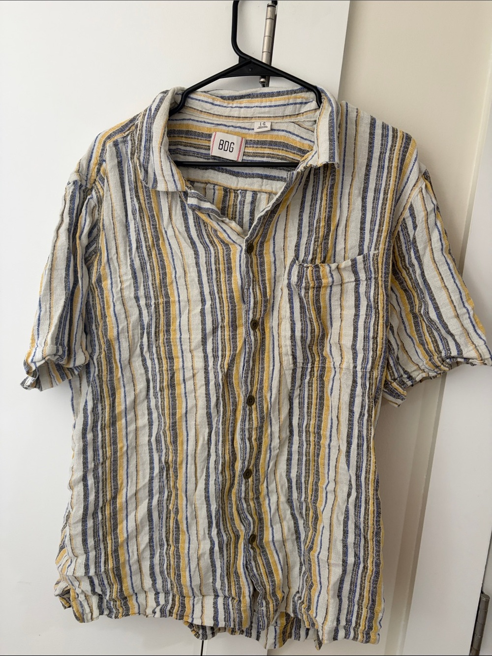 BDG Short-Sleeve Striped Button-Down Shirt in White, Yellow & Blue